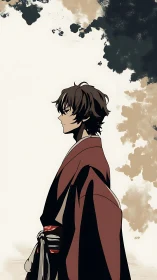 Side profile of robed male figure against abstract background.