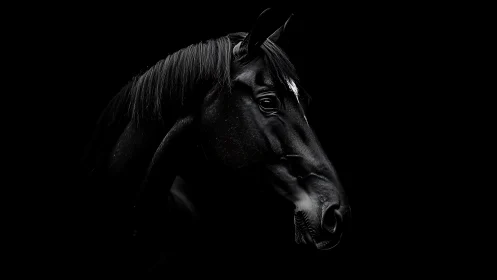 Low-key photoreal portrait of black horse in profile view