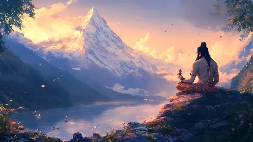 Meditating sage overlooking glacial lake and sunlit alpine summit