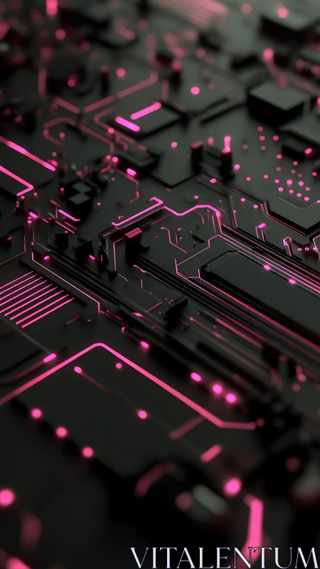 Neon illuminated circuit board with black 3D components.