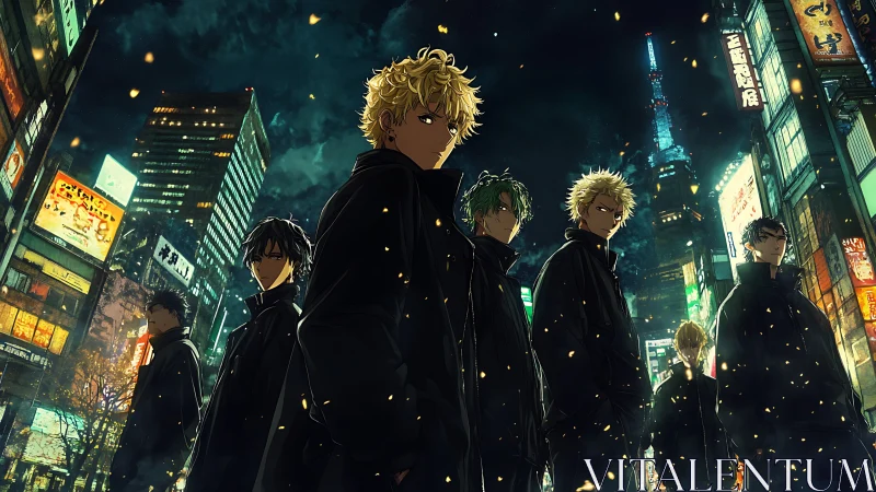 Urban anime gang under neon city night sky.