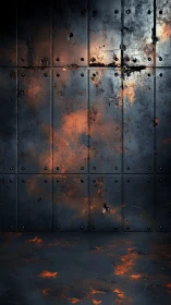 Burnished steel panels display corroded texture and embered glow