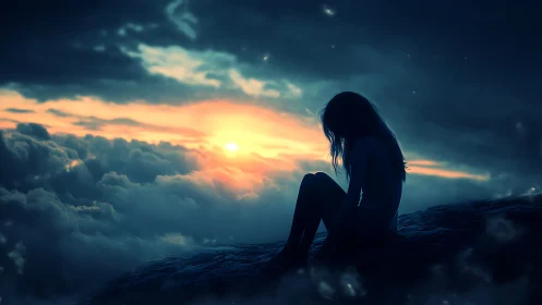 Solitary figure sits over cloud sea under glowing sunset sky