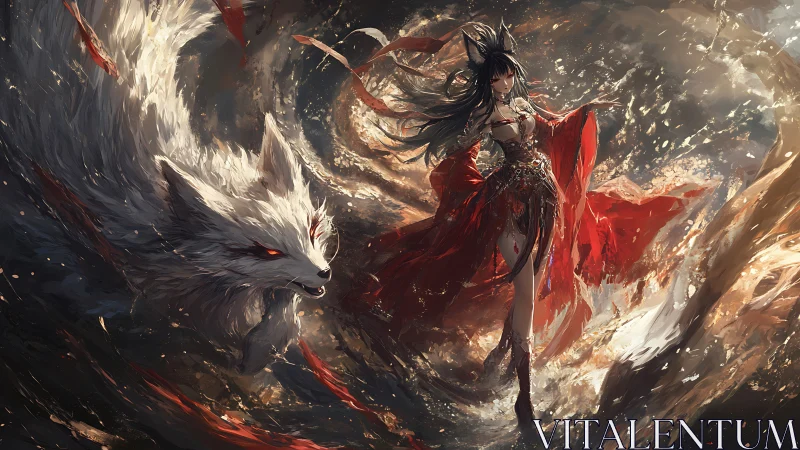 Kitsune sorceress with spectral fox amid swirling fiery vortex