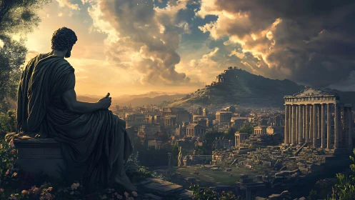 Twilight settles over ancient ruins as a lone statue watches