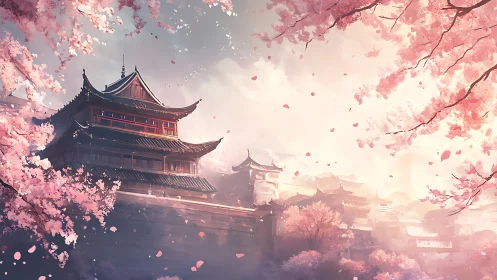 Sakura framed multi-tier pagoda in misty valley skyline