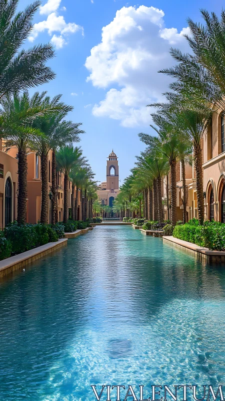 Symmetrical palm court canal with central clocktower under sky