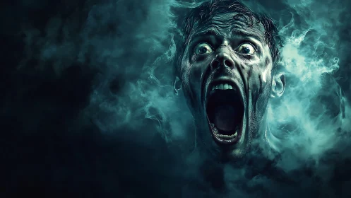 Horrified man screams through swirling teal spectral smoke.