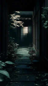 Narrow garden corridor with shoji doors at nightfall.