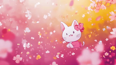 Cute cartoon cat floating in pink floral backdrop.