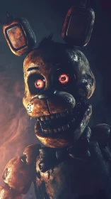 Rust-bitten animatronic grins through smoke and spotlight glare