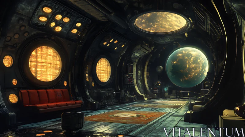 Futuristic space station interior with planet views.