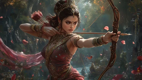 Warrior archer princess aiming arrow in lush forest temple.