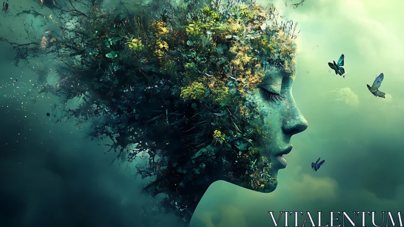 Forest spirit face dissolves into butterflies and green clouds