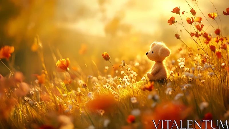 Soft toy bear sits dreaming in a golden sunset meadow