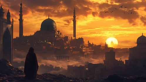 Golden sunset washes a quiet domed city in gentle light