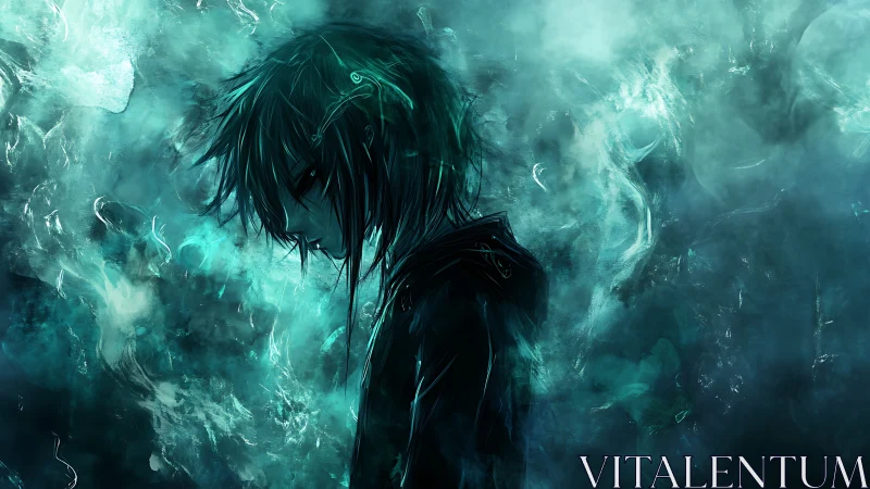 Side-profile figure in teal atmospheric digital haze.