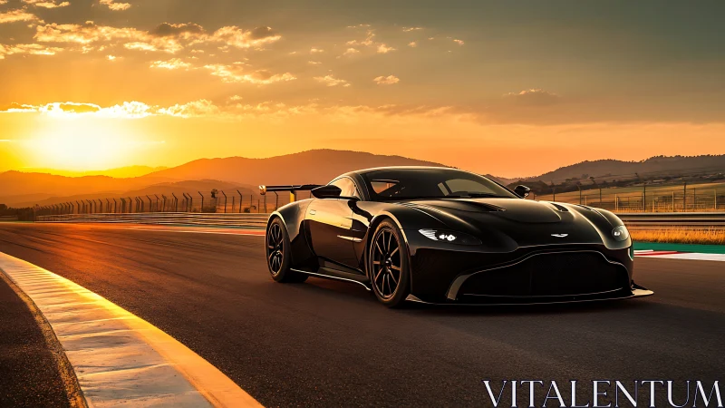 Black track-focused supercar under golden hour sunset lighting