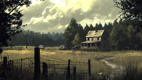 Sunlit country house waiting quietly at the forest edge.