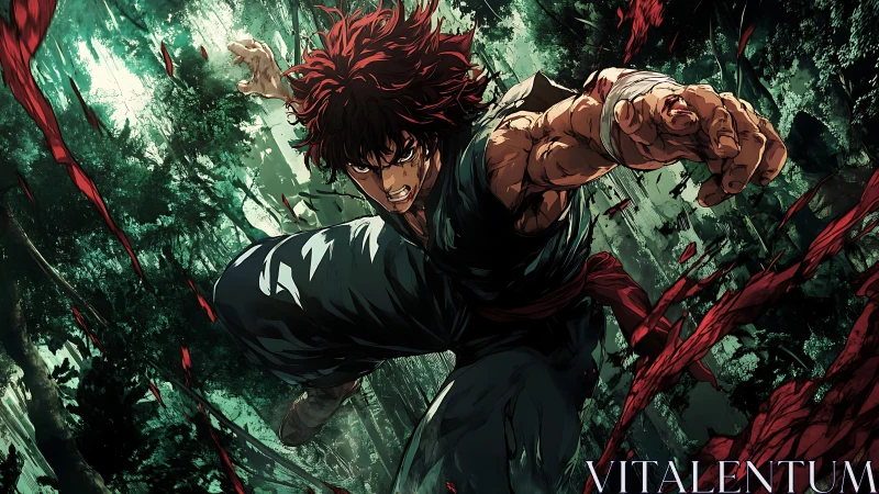 Martial artist lunges forward through shattered forest canopy.