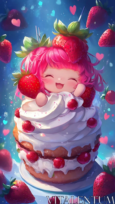Strawberry chibi nestled in whipped cream layer cake fantasy.
