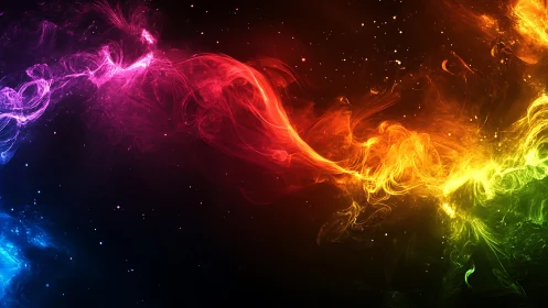 Multicolored light trails on dark cosmic style background.