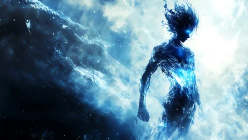 Luminescent energy avatar in high-contrast digital painting.