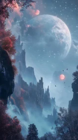 Lunar parallax over misted spires in chromatic twilight.