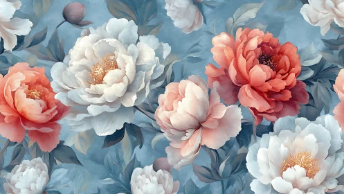 Layered peony flowers in coral, white, and cream arranged on blue background