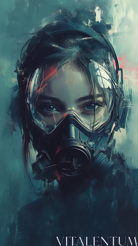 Female subject wearing gas mask rendered in digital style