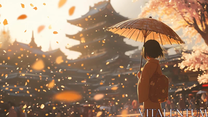 Girl with umbrella near pagoda under falling leaves at dusk.