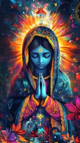Blue mystic saint in radiant floral cosmic aura