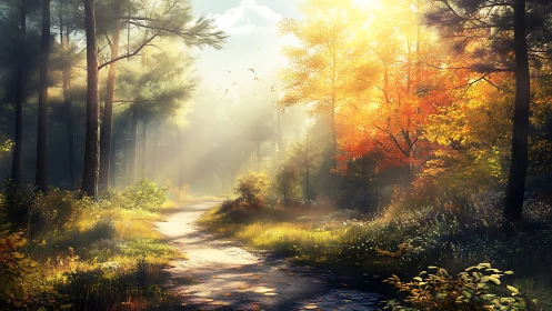 Forest pathway with filtered sunlight through autumnal deciduous trees.