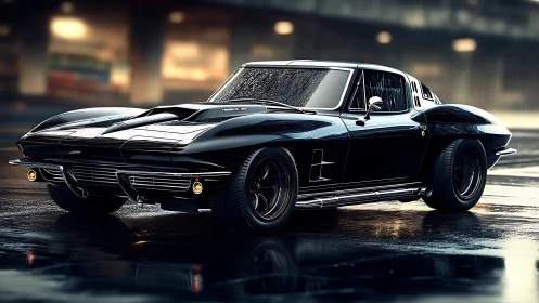 Black classic muscle car rendered on wet urban street at night