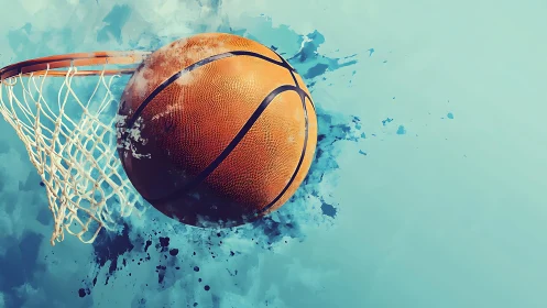 Dynamic basketball shot bursts through watercolor net.