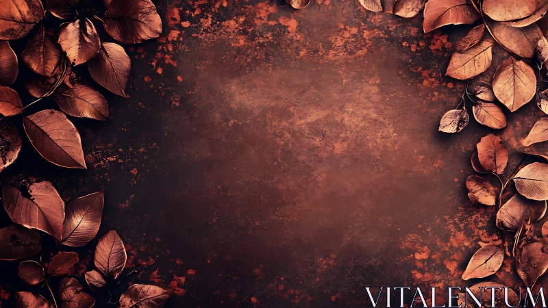 Copper-toned autumn leaves border on dark textured background.