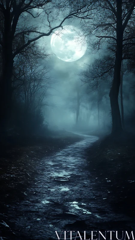 Moonlit forest path inviting quiet late night wanderings.