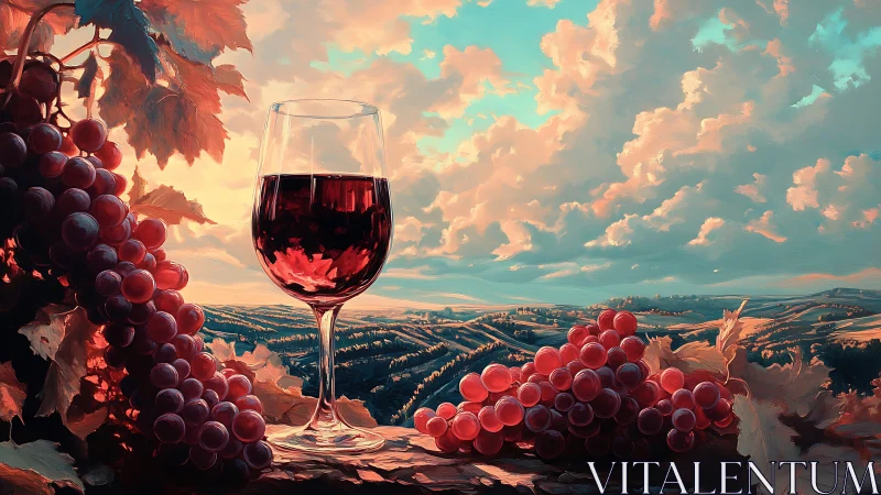 Sunlit red wine glass overlooks glowing vineyard hills.