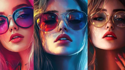 Neon muse triptych in oversized sunglasses and liquid light.
