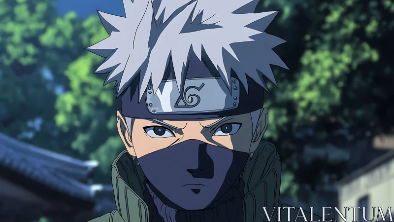 Headbanded masked character faces forward in shaded daylight