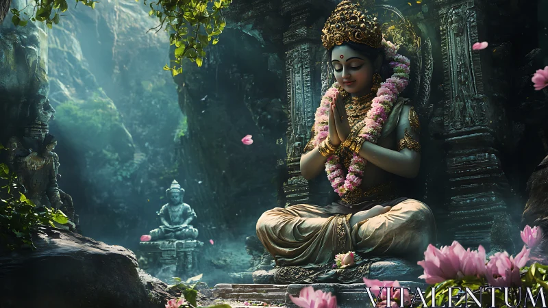 Serene goddess statue meditates in lush overgrown temple