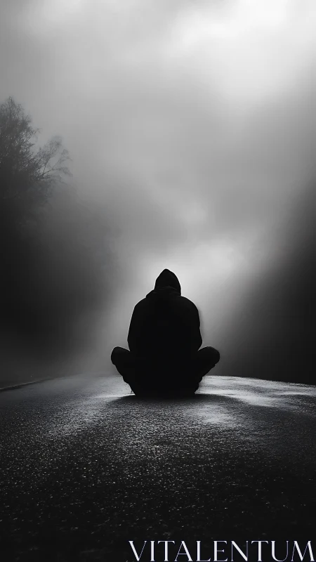 Silhouetted hooded figure sits on wet road in dense fog