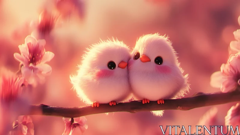 Twin Fluffy Birds Perched Among Blooming Pink Flowers.