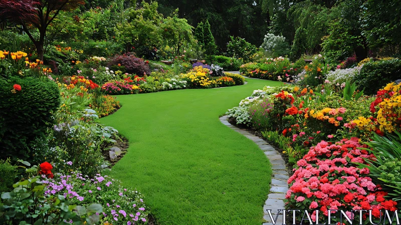 Emerald garden path winding through a kaleidoscope of blooms.