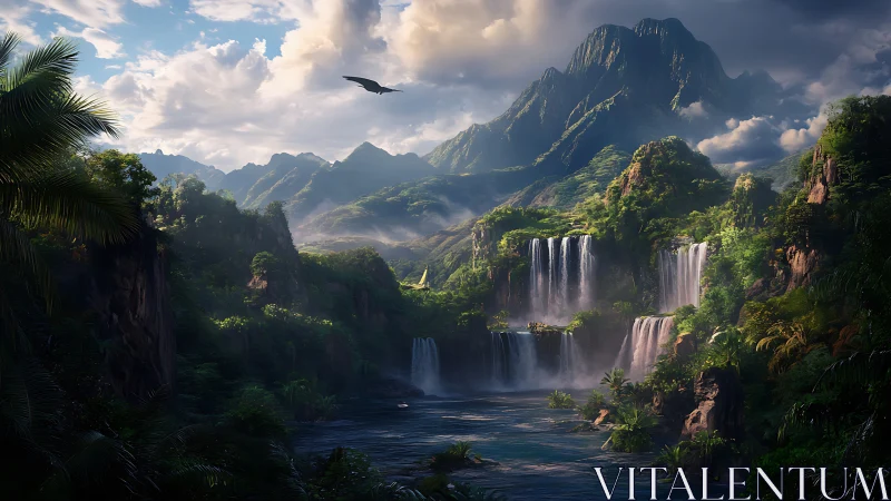 Lush cascading waterfalls beneath misted volcanic highlands.