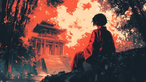 Crimson dusk crowns a lone wanderer before the temple stairs