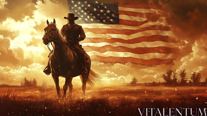 Cowboy riding homeward under a glowing American sky.