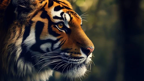 Tiger portrait captures intense gaze in soft forest light.