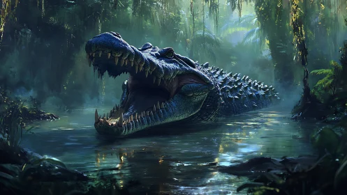 Giant crocodile with open jaws dominates misty jungle river.
