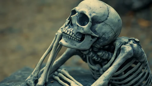 Human skeleton model in reclining pose on stone surface.